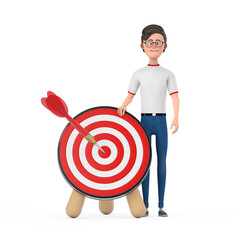 Leinwandbilder - Cartoon Character Person Man with Archery Target and Dart in Center. 3d Rendering