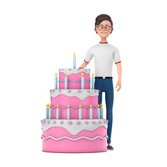 Poster - Cartoon Character Person Man with Birthday Cartoon Dessert Tiered Cake and Candles. 3d Rendering