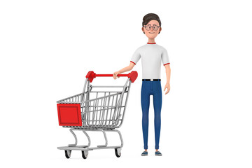 Poster - Cartoon Character Person Man with Shopping Cart Trolley. 3d Rendering