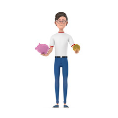Leinwandbilder - Cartoon Character Person Man with Piggy Bank and Golden Dollar Coin. 3d Rendering