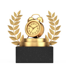 Aufkleber - Winner Award Cube Gold Laurel Wreath Podium, Stage or Pedestal with Golden Alarm Clock. 3d Rendering