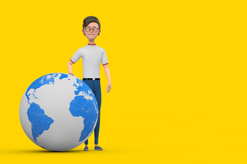 Poster - Cartoon Character Person Man with Earth Globe. 3d Rendering