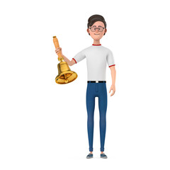 Poster - Cartoon Character Person Man with Vintage Golden School Bell. 3d Rendering
