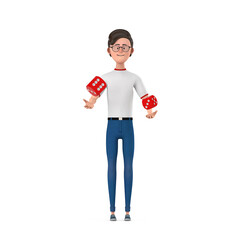 Poster - Cartoon Character Person Man with Red Game Dice Cubes in Flight. 3d Rendering