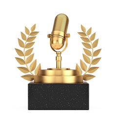 Leinwandbilder - Winner Award Cube Gold Laurel Wreath Podium, Stage or Pedestal with  Golden Microphone. 3d Rendering