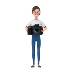 Poster - Cartoon Character Person Man with Modern Digital Photo Camera. 3d Rendering