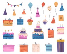 Set Of Birthday Elements Cakes, Cupcakes, Gift Boxes, Garland, Balloons, Hats In Scandinavian Style