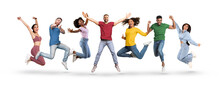 Group Of Cheerful Young Multicultural People Jumping Over White Background