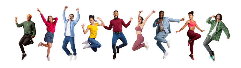 Canvas Print - Group of joyful multicultural young people jumping over white background,