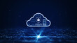 © Ar_TH - cloud and edge computing technology concept. There is a prominent large cloud icon in the center with icons inside. There are interconnected polygons below on a dark blue background.