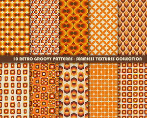 Wall Mural - Set of colorful retro patterns. Vector trendy backgrounds in 70s style. Abstract modern geometric ornaments, vintage backgrounds