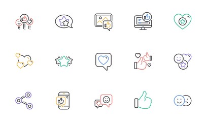 social media line icons. share network, like thumbs up and rating. feedback smile linear icon set. b