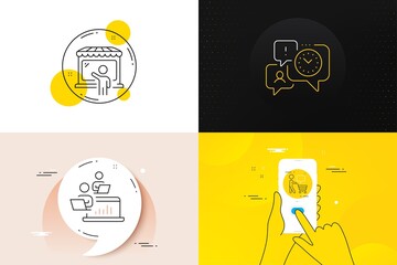 Minimal set of Teamwork, Time management and Buyer think line icons. Phone screen, Quote banners. Market seller icons. For web development. Networking, Office chat, Shopping cart. Store buyer. Vector