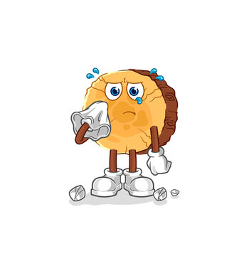 round log cry with a tissue. cartoon mascot vector