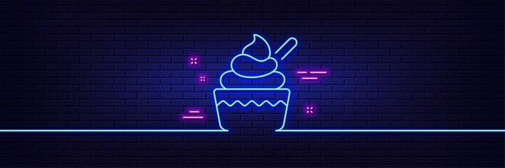 Canvas Print - Neon light glow effect. Ice cream cup line icon. Vanilla sundae sign. Frozen summer dessert symbol. 3d line neon glow icon. Brick wall banner. Ice cream outline. Vector