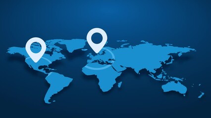 Wall Mural - blue world map, with three PIN marks, point of interest and zone of influence
