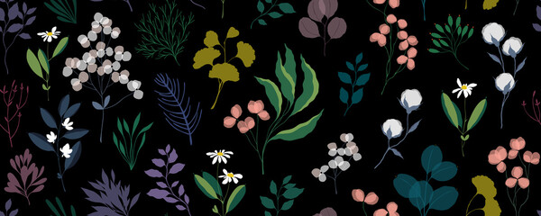 Wall Mural - moody floral seamless pattern with many decorative flowers, leaves and twigs. for fashion fabrics, w