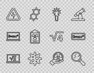 Sticker - Set line Square root of x glyph, Magnifying glass, Test tube and flask, Virus, High voltage, Radiation warning document, Radioactive and Equation solution icon. Vector