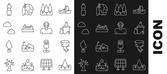 Canvas Print - Set line Deforestation, Tornado, Full dustbin, Forest, Oil tanker ship, Cloud, Bottle of water and Face protective mask icon. Vector