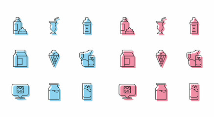 Sticker - Set line Cheese, Bottle with milk, Whipped cream in bottle, Glass, Ice waffle cone, Milk jug or pitcher and glass, Paper package for and Milkshake icon. Vector