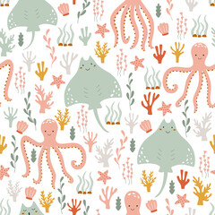 Wall Mural - Marine seamless pattern with octopus and stingray underwater. Ocean animals swim in algae on a repeating print.