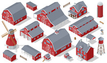 Farm Elements Isometric Set. Barn, Country House, Windmill, Greenhouse, Wind Turbine, Agriculture And Farming, Farm Barn House