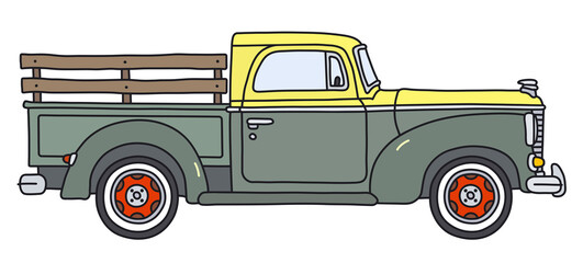 Wall Mural - The vectorized hand drawing of an old green and yellow small semitruck