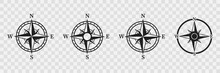 Compass Icons Set. Black Wind Rose Or Compass Set. Wind Rose Symbol Collection. Vector Illustration. Cardinal Directions- North, South, East, West.