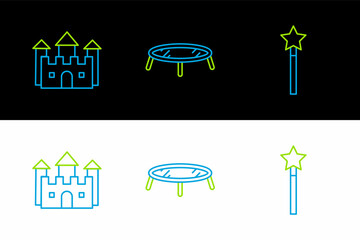 Sticker - Set line Magic wand, Castle and Jumping trampoline icon. Vector