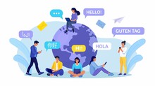 Young People Chatting In Foreign Languages With Phone. Multilingual Greeting. Hello In Different Languages. Diverse Cultures, International Communication. Students With Speech Bubbles And Earth Planet