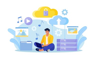 Cloud computing, online database, web hosting. People storing data and processing data on web server. Man using computer upload and download information on cloud storage