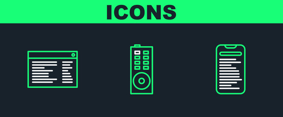 Set line Computer api interface, Software, web developer programming code and Remote control icon. Vector