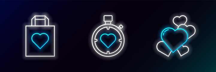 Sticker - Set line Heart, Shopping bag with heart and the center stopwatch icon. Glowing neon. Vector