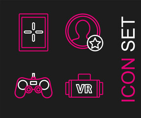 Poster - Set line Virtual reality glasses, Gamepad, Premium create account screen and Tablet icon. Vector