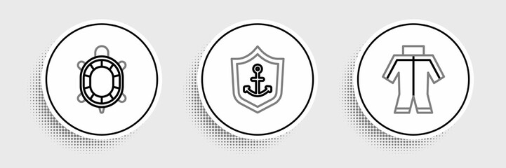 Poster - Set line Wetsuit, Turtle and Anchor inside shield icon. Vector