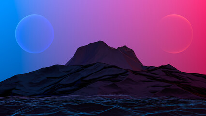 Blue and red two bright planets on the background of the rock. Fantastic abstract banner. Planets in the sky against the backdrop of mountains futuristic fantasy design 3D render.