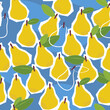 Pears, tropical fruit seamless pattern. Cute and fun handmade illustration. Colorful fruit sweater, ideal for printing fabric or wrapping papers. Green, blue, white. Fresh, tropical and beautiful.