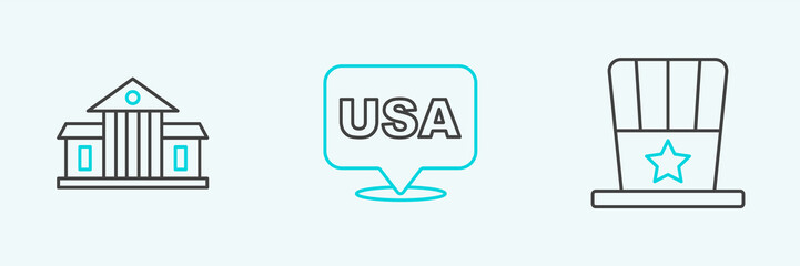 Sticker - Set line Patriotic American top hat, White House and USA Independence day icon. Vector