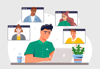 Wall Mural - man at laptop. guy at computer communicates with friends. video conference of students or colleagues