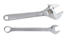 Adjustable Spanner Isolated On White. Chrome Vanadium Wrench. Industrial Spanner With Clipping Path