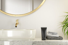 3D Rendering Bathroom With Sink Mirror Towel And Cosmetic Jar In White Wall Abstract Content