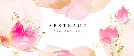 Poster - Spring floral in watercolor vector background. Luxury wallpaper design with lotus flowers, line art, golden texture. Elegant gold blossom flowers illustration suitable for fabric, prints, cover.