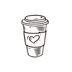 Hand drawn paper cup of coffee to go. Black color sketch style doodle icon.