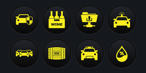 Wall Mural - Set Cars, Police car and flasher, Wooden barrel for wine, , FTP folder upload and Bottles of box icon. Vector