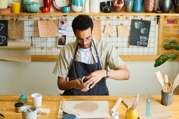 Aufkleber - Young creative black man in workwear creating new clay item for sale while sitting by table against shelf with earthenware in workshop