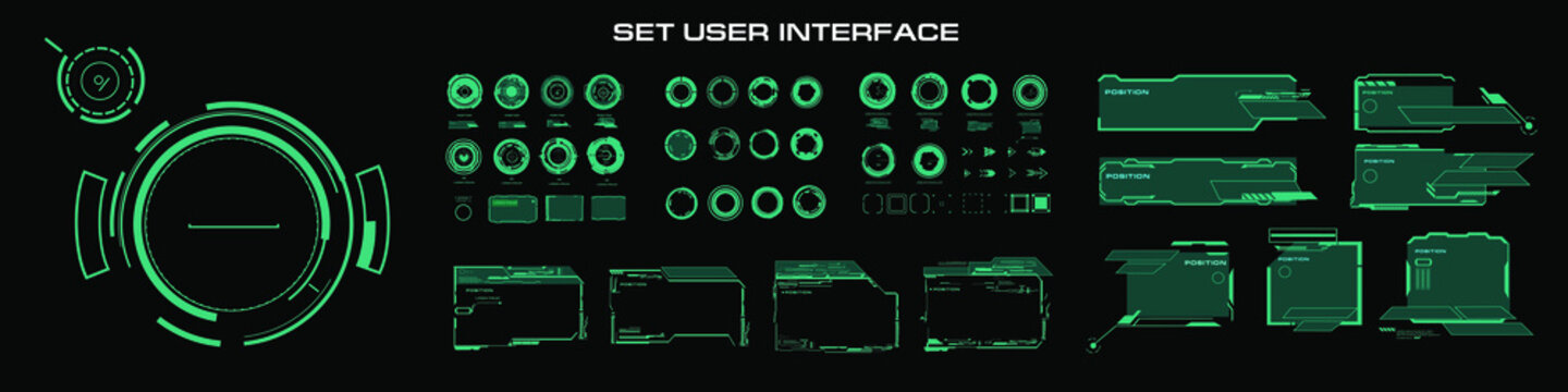 Big set of vector HUD elements. Futuristic dialogue frames with text, callouts, circles and titles for modern video game screens. Modern digital HUD user interface