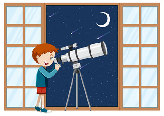 Wall Mural - a boy observe night sky with telescope