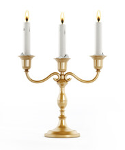 Brass Or Gold Candlestick Holder With Three Burning Candles Isolated On White. 3d Illustration
