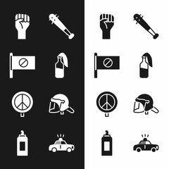 Poster - Set Cocktail molotov, Protest, Raised hand with clenched fist, Baseball bat nails, Peace, Police helmet, car flasher and Paint spray can icon. Vector