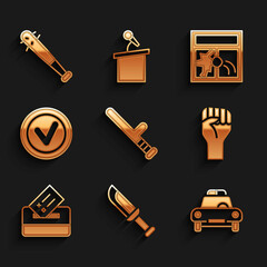 Wall Mural - Set Police rubber baton, Military knife, car and flasher, Raised hand with clenched fist, Vote box, Check mark in round, Broken window and Baseball nails icon. Vector